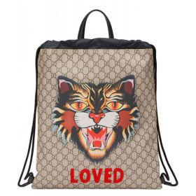 Angry Cat Print Soft GG Supreme Drawstring Backpack 473872 Coffee