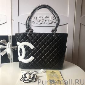 Cambon Lambskin Tote Bag with White CC A25169 Black