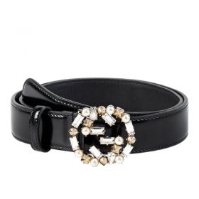 Gucci Leather Belts With Pearl And Crystal Interlocking G Buckle 388989 DKE1G 1095